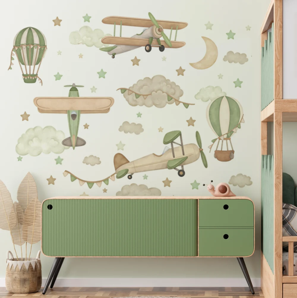 برچسب دیواری بالن و هواپیما سبز